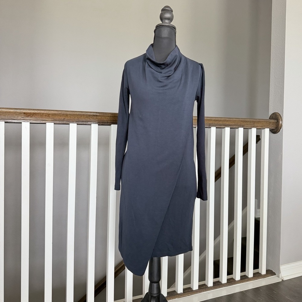 COS Blue Cowl Neck Long Sleeve Faux Wrap Dress Asymmetrical XS Minimalist Office